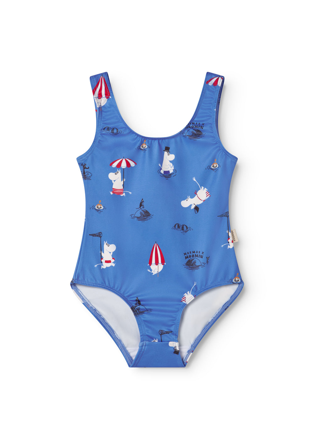 Blå badedragt i ét stykke med rund hals og Moomin/figurprint.