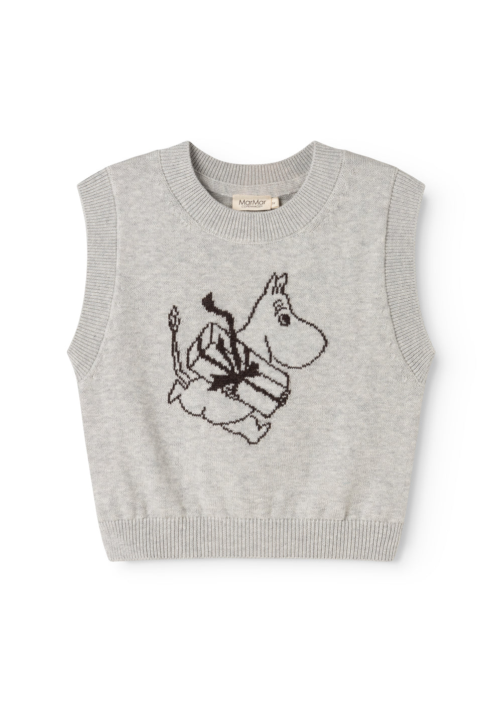 Grå strikvest i ærmeløs sweater med Moomin-illustration foran