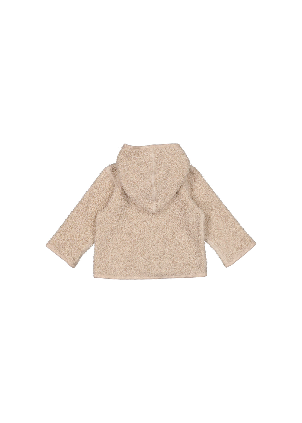 Beige hættejakke til børn i blødt teddy-stof, set bagfra