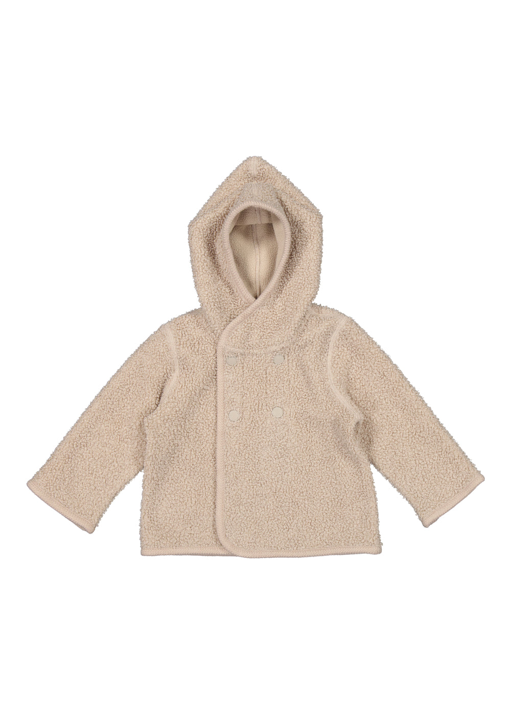 Beige hættejakke til børn i blødt teddy-stof, set bagfra