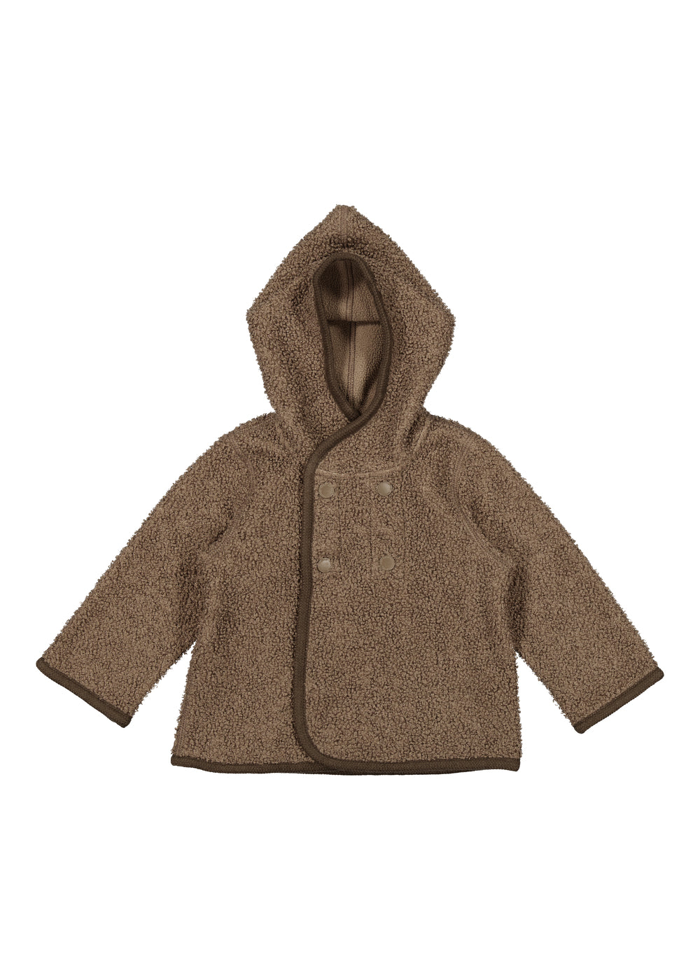 Brun hættejakke til børn i blød teddyfleece, set bagfra