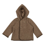 Brun hættejakke til børn i blød teddyfleece, set bagfra