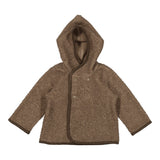 Brun hættejakke til børn i blød teddyfleece, set bagfra
