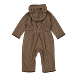 Brun teddyheldragt til baby, set bagfra med hætte og lange ører