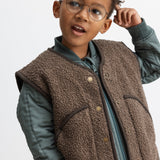 Termojakke til børn med lynlås, brun teddy-fleece vest over støvet grøn jakke