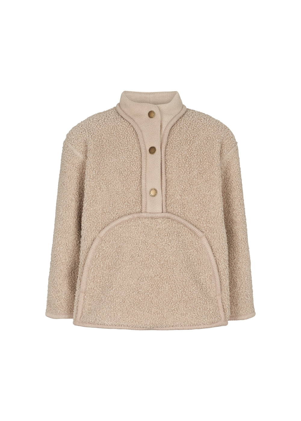 Beige teddytrøje til børn med knapper og stor buet forlomme