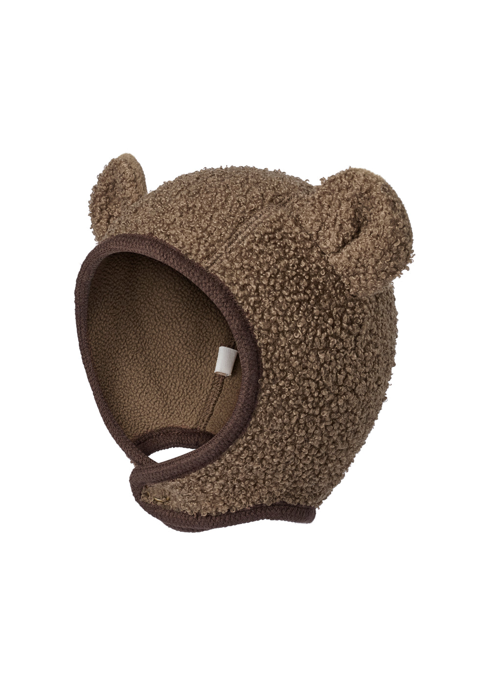 Brun elefanthue til børn i teddyfleece med bjørneører og mørk kant.