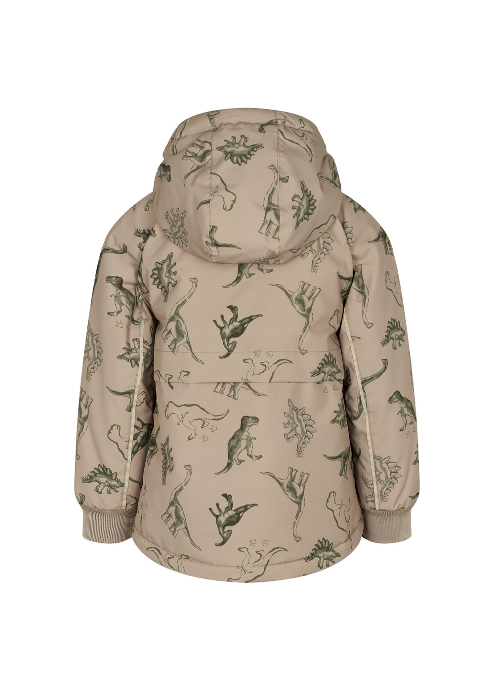 Børnevinterjakke med dinosaurprint, beige jakke med hætte og fuld lynlås