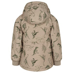 Børnevinterjakke med dinosaurprint, beige jakke med hætte og fuld lynlås
