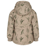 Børnevinterjakke med dinosaurprint, beige jakke med hætte og fuld lynlås