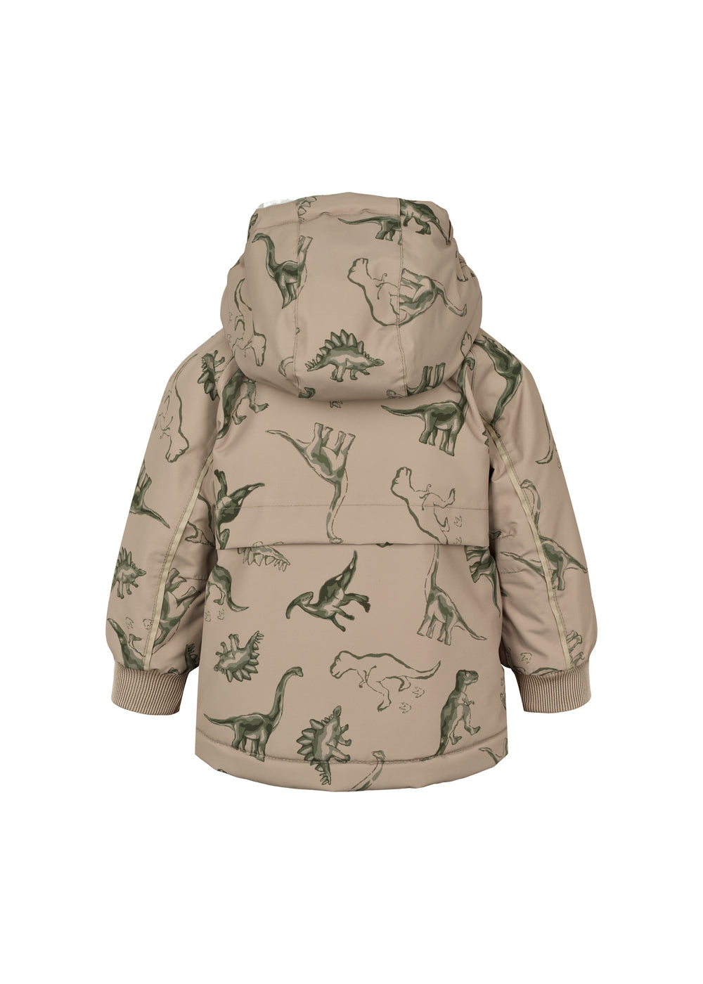 Børnevinterjakke med dinosaurprint, beige jakke med hætte, set bagfra