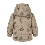 Børnevinterjakke med dinosaurprint, beige jakke med hætte, set bagfra