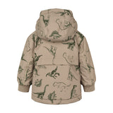 Børnevinterjakke med dinosaurprint, beige jakke med hætte, set bagfra