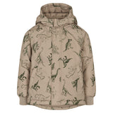 Børnevinterjakke med hætte og beige dinosaurprint, forside med lynlås