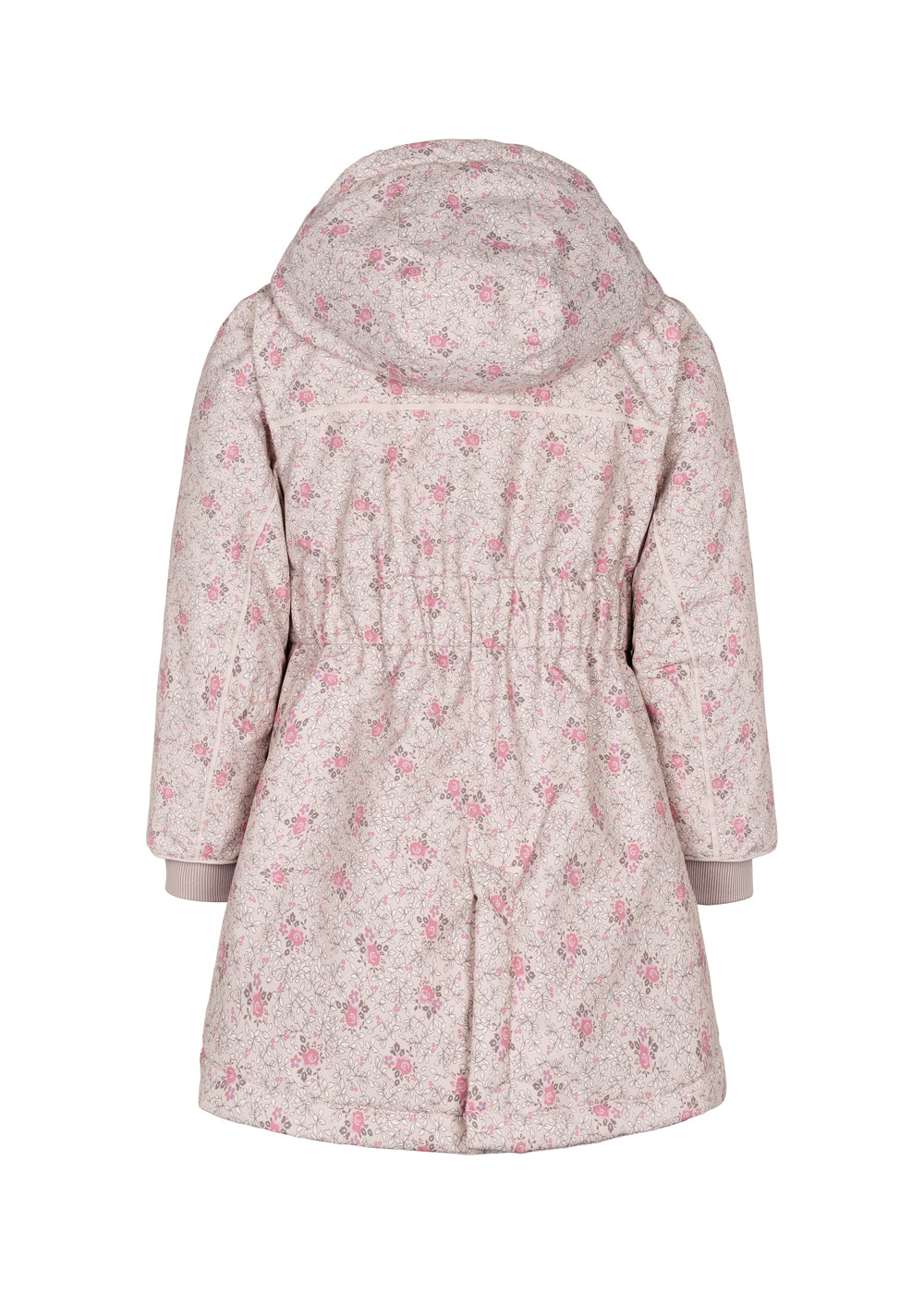 Børnevinterjakke med blomsterprint, hætte og lynlås, set bagfra, lysegrå