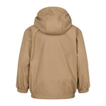 Bagside af beige regnjakke med hætte
