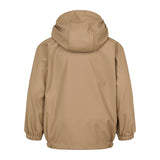 Bagside af beige regnjakke med hætte