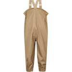 beige regnbukser med seler og fodstropper, set bagfra