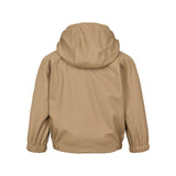 Bagside af beige regnjakke med hætte