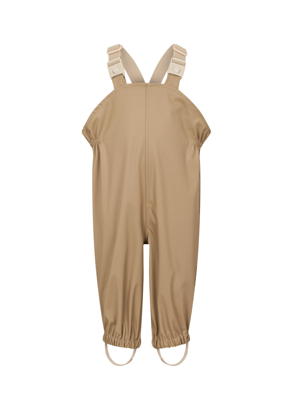 beige regnbukser med seler og fodstropper, set forfra