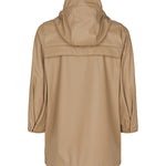 Bagside af beige regnjakke til børn med refleksdetalje og læg