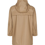 Bagside af beige regnjakke til børn med refleksdetalje og læg
