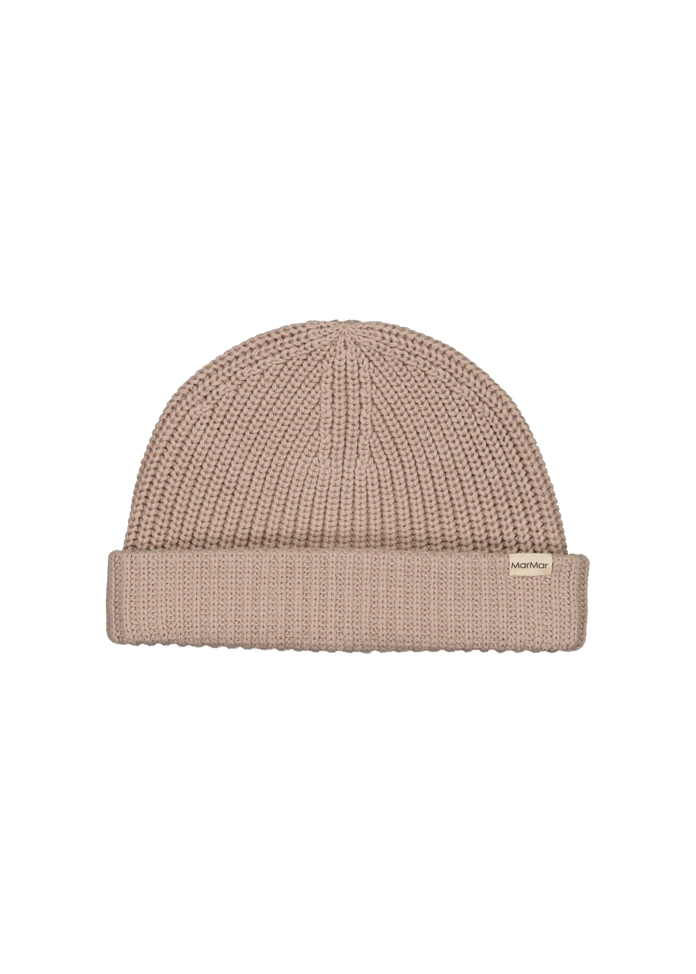 beige, strikket børnehue med opsmøg