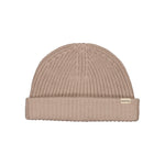 beige, strikket børnehue med opsmøg