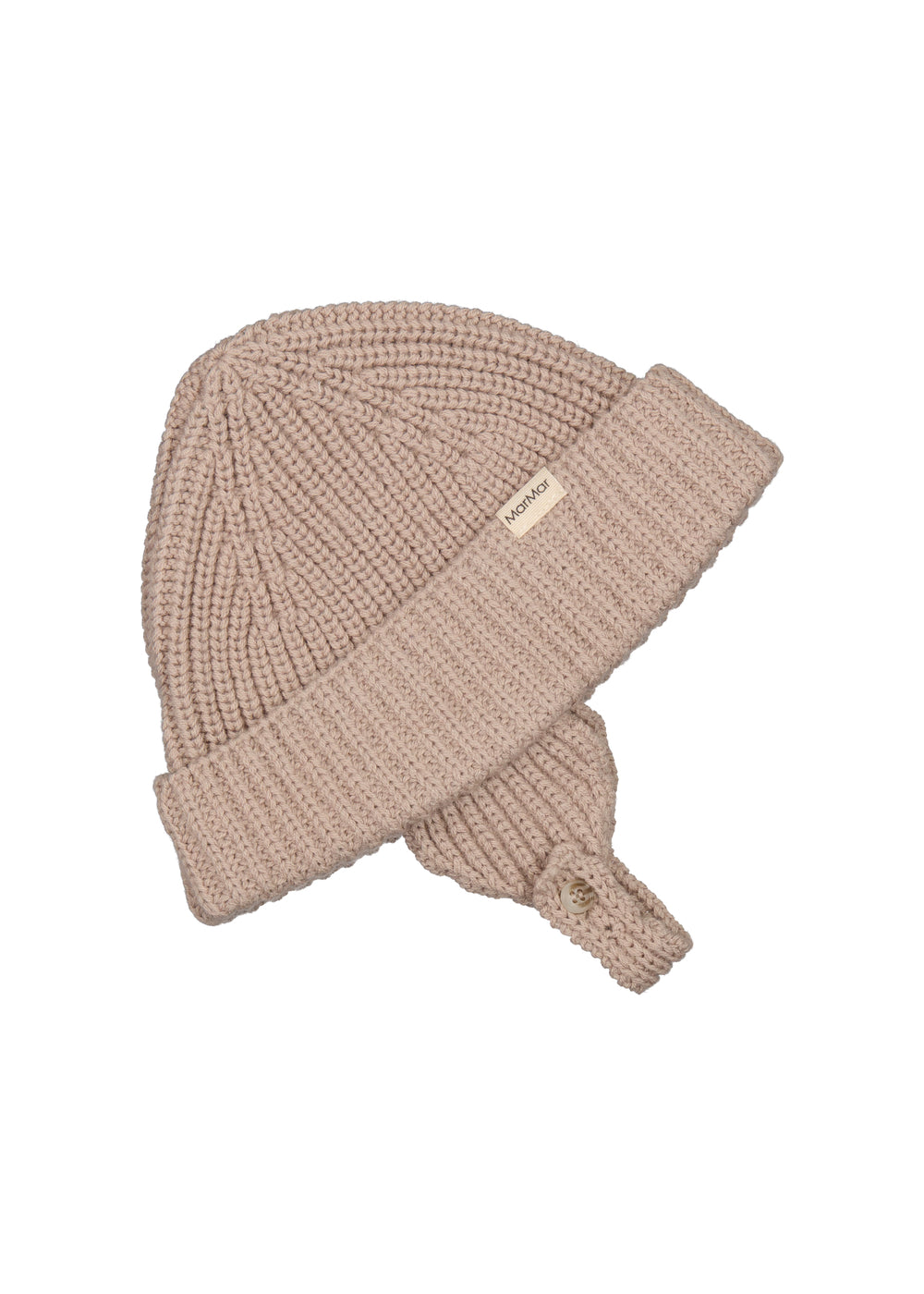 beige, strikket babyhue med opsmøm og hagerem