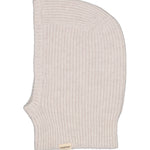 Strikket balaclava i lys beige med ribbet struktur og bred kant