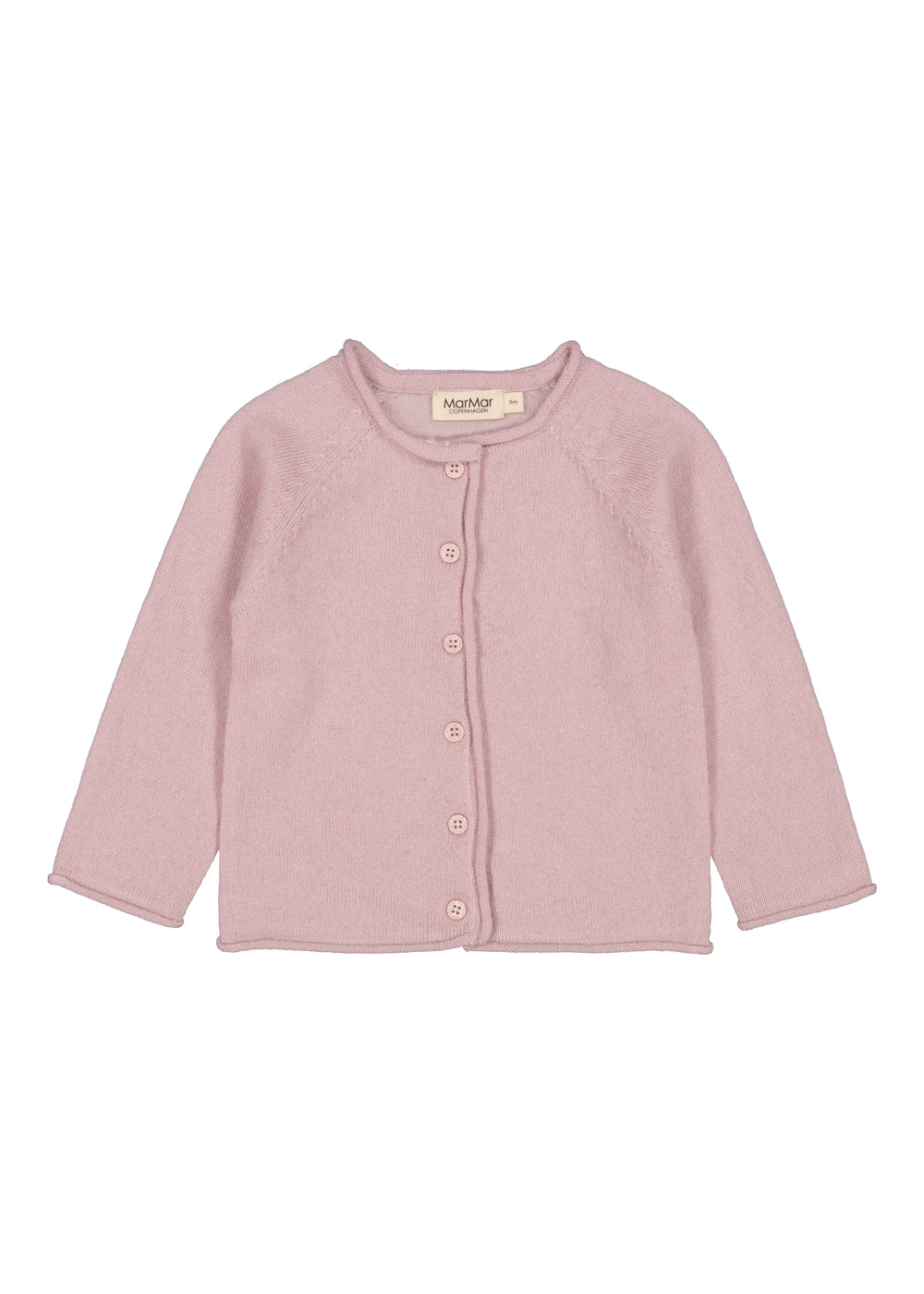 Lyse blommefarvet cardigan til baby med knaplukning og rund halsudskæring
