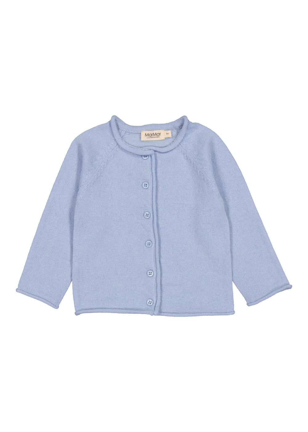 Lyseblå babys cardigan med knaplukning, rund hals og lange ærmer