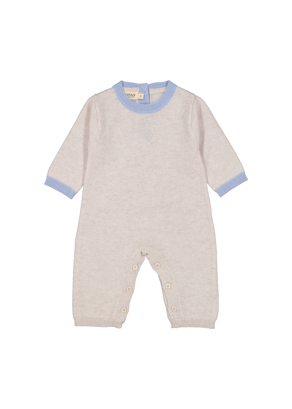 Beige babyheldragt med korte ærmer, blå ribkant og knaplukning ved benåbning