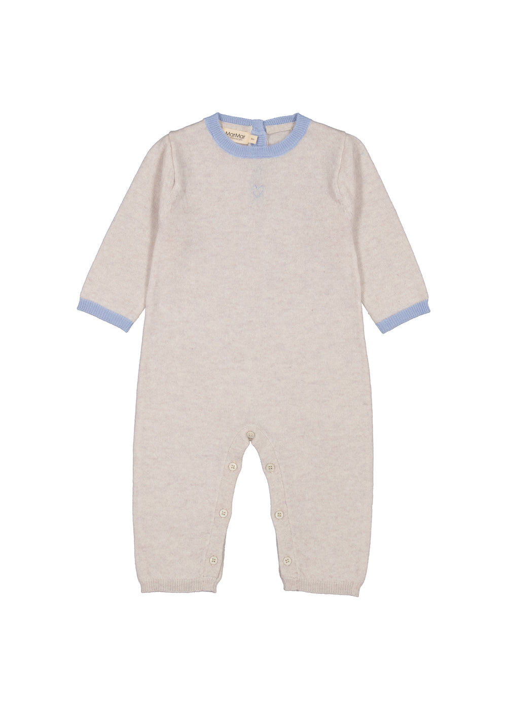 Beige babyheldragt i strik med blå ribkant og knapper i skridt