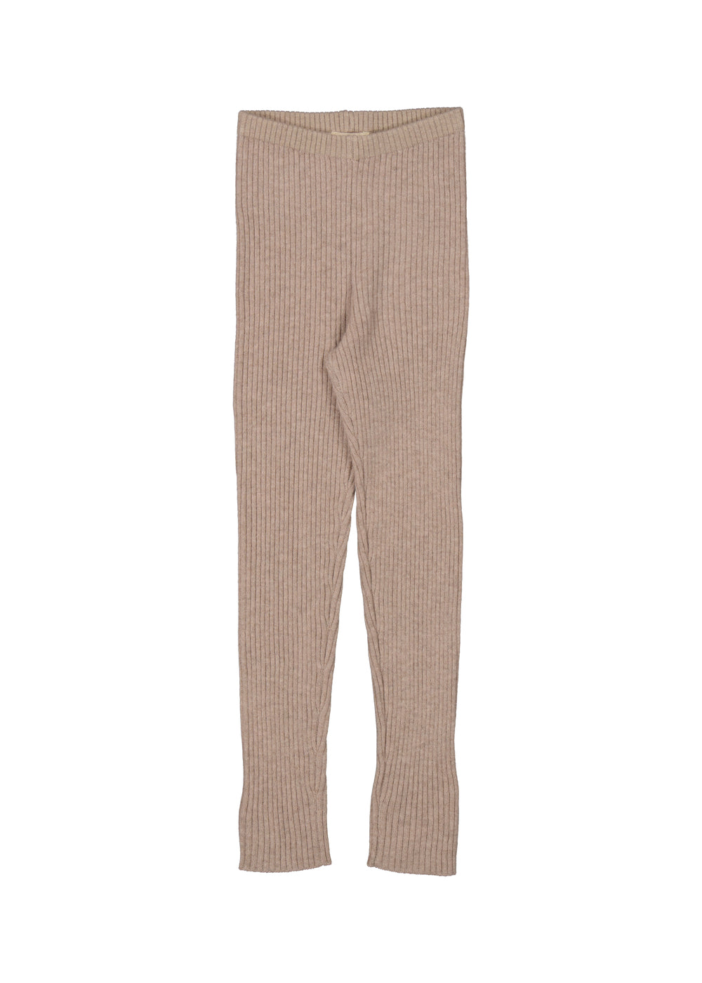 Beige kashmir-lignende leggings i alpaksmelange, ribbet tekstur, lange ben.