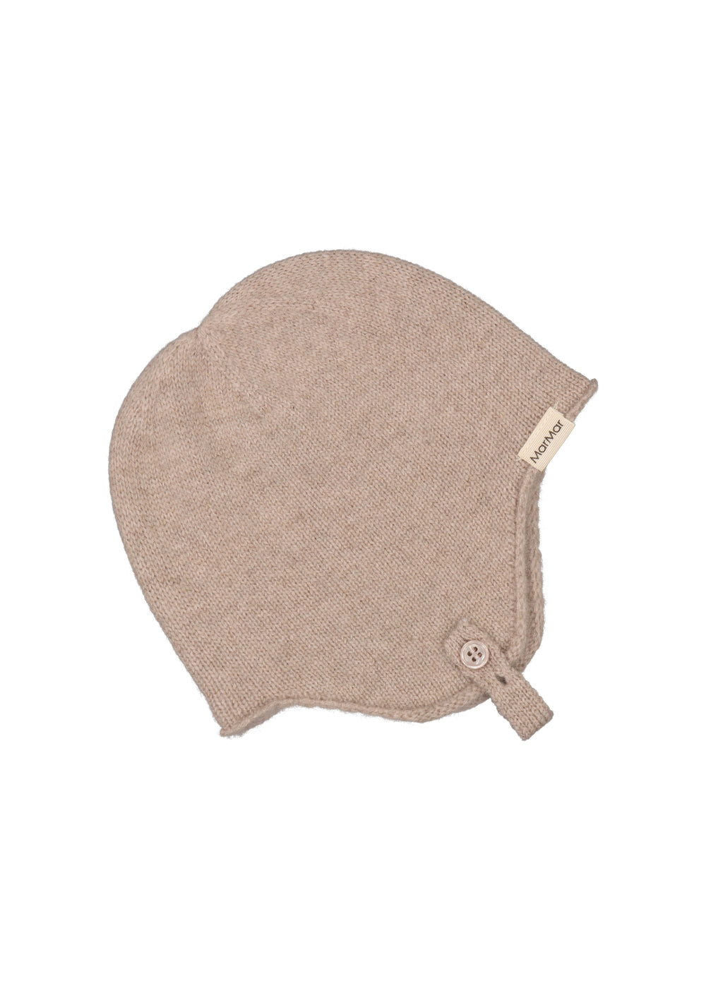 Babyhue i alpaca-melange, beige strik, rund kant og knapdetalje