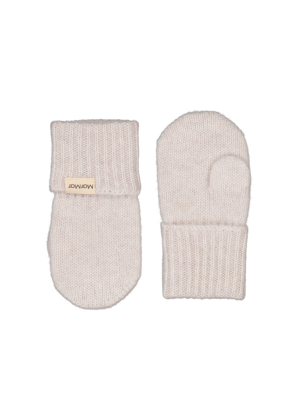 Baby-luffer i lys beige strik med tommelfinger og ribkant, blød og varm