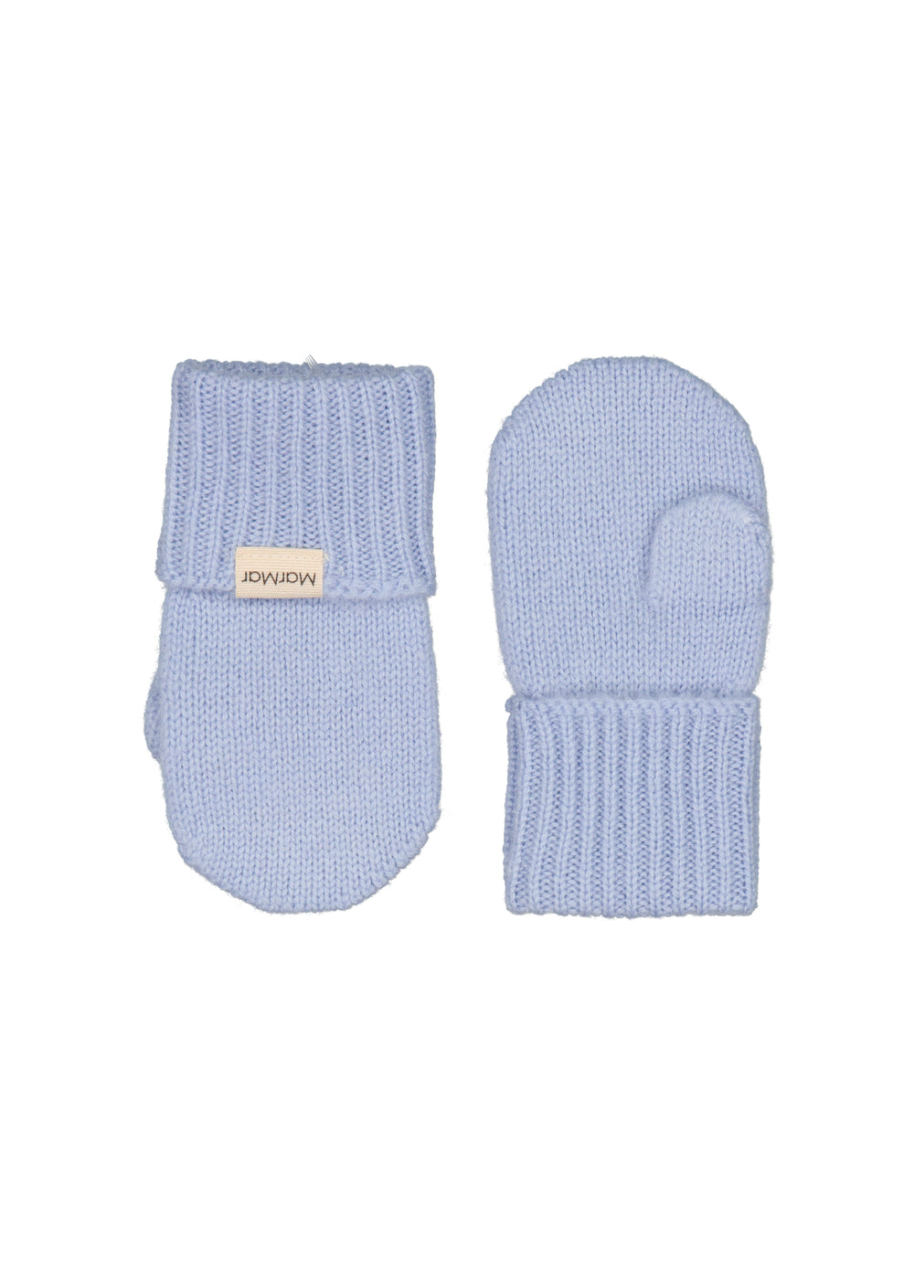 Babyluffer i lyseblå strik med tommelfingerlukning og ribkant