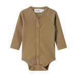 Brun strikket babybody med knapper foran