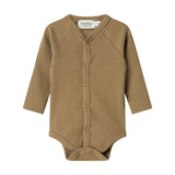 Brun strikket babybody med knapper foran