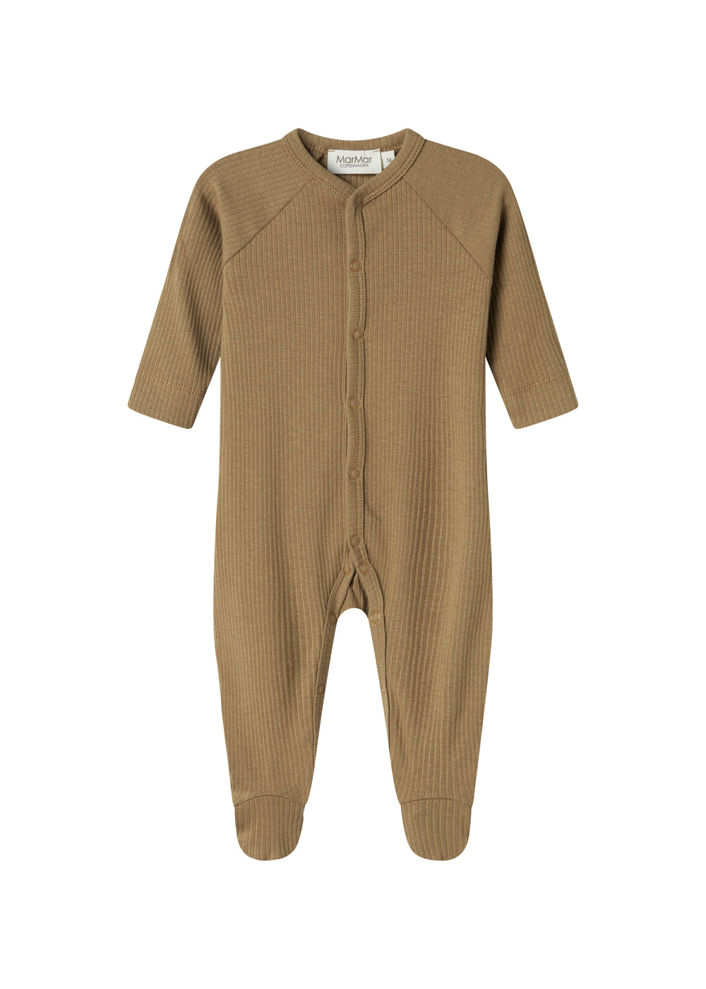 Ribbstrikket brun holdragt til baby i blødt materiale med lange ærmer, lange ben, tryknapper og futter