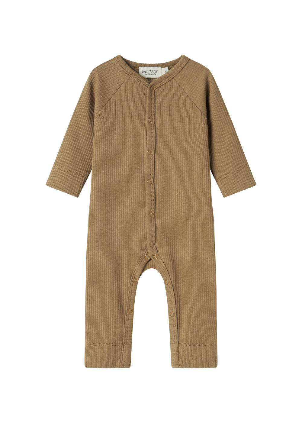 Ribbstrikket brun holdragt til baby i blødt materiale med lange ærmer og lange ben og tryknapper