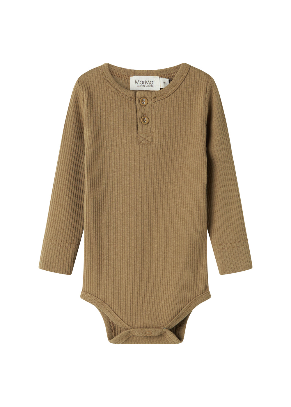 Brun strikket babybody med lange ærmer, stolpe knaplukning og trykknapper mellem benene.