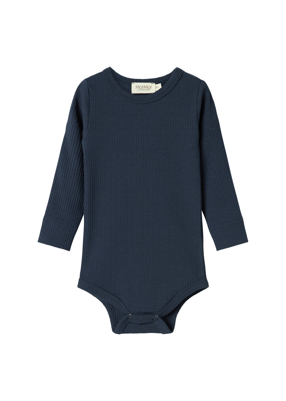 Blå ribstrikket babybody med lange ærmer og knapper mellem benene