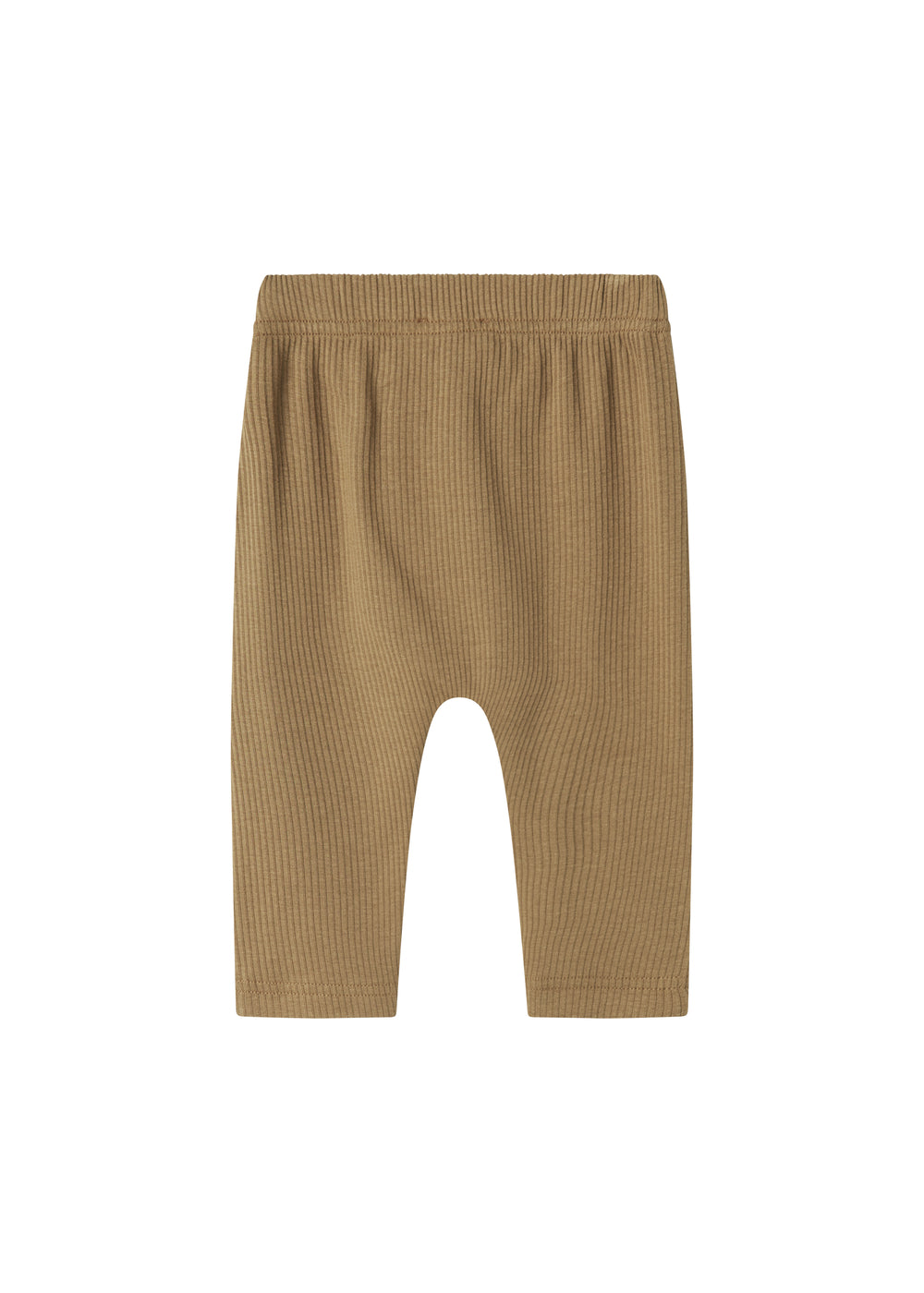 Brune ribstrikkede babybukser med elastisk talje og snor