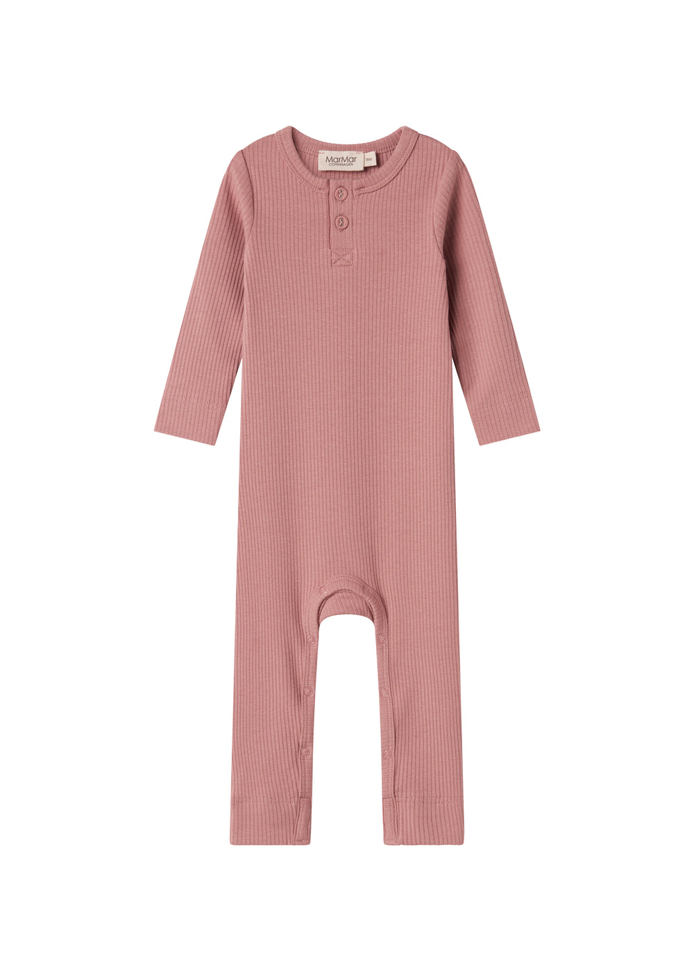 Lyserød ribstrikket holdt med lange ærmer og ben og knapper til baby