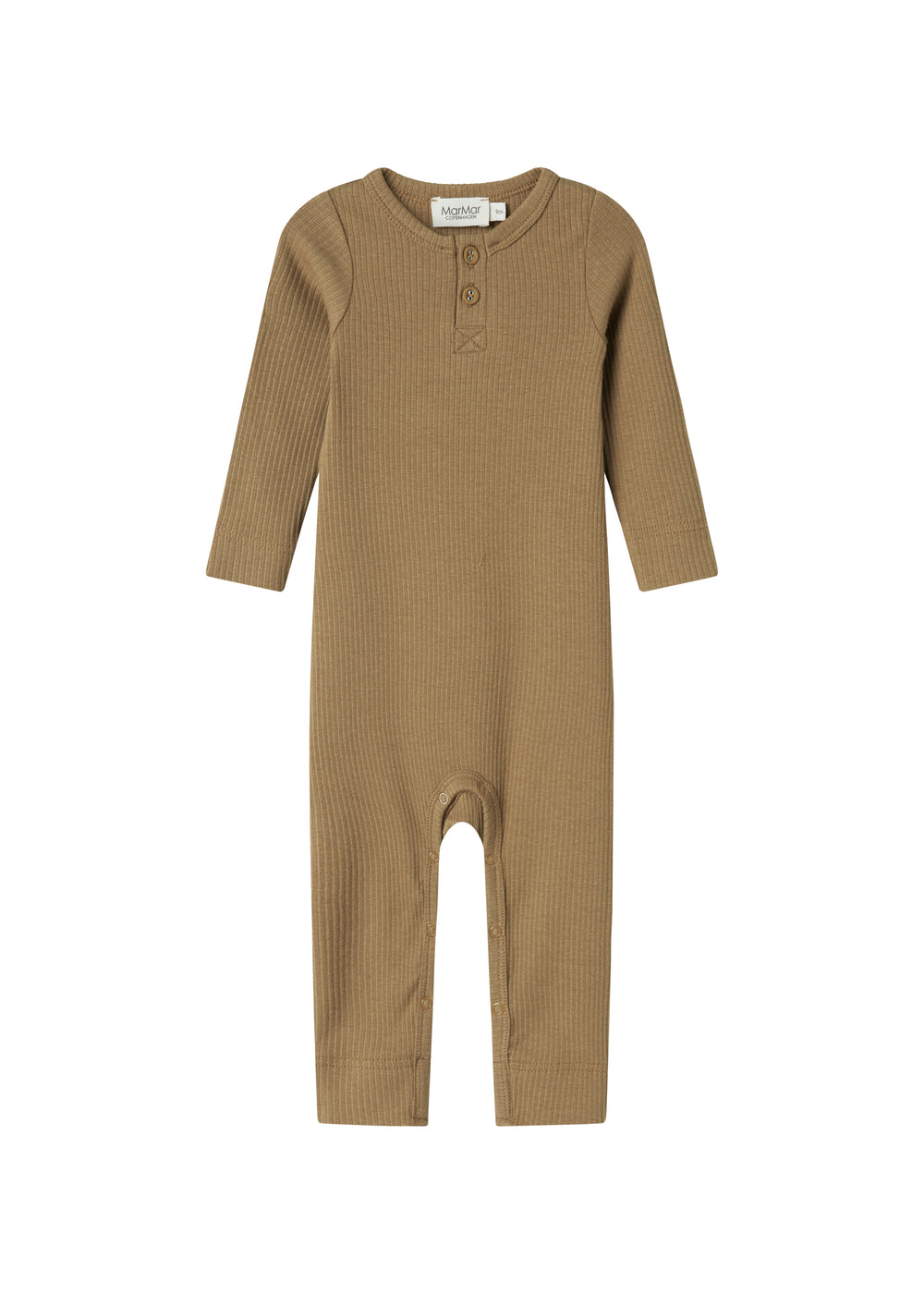 Ribbstrikket brun holdragt til baby i blødt materiale med lange ærmer, lange ben og knapper