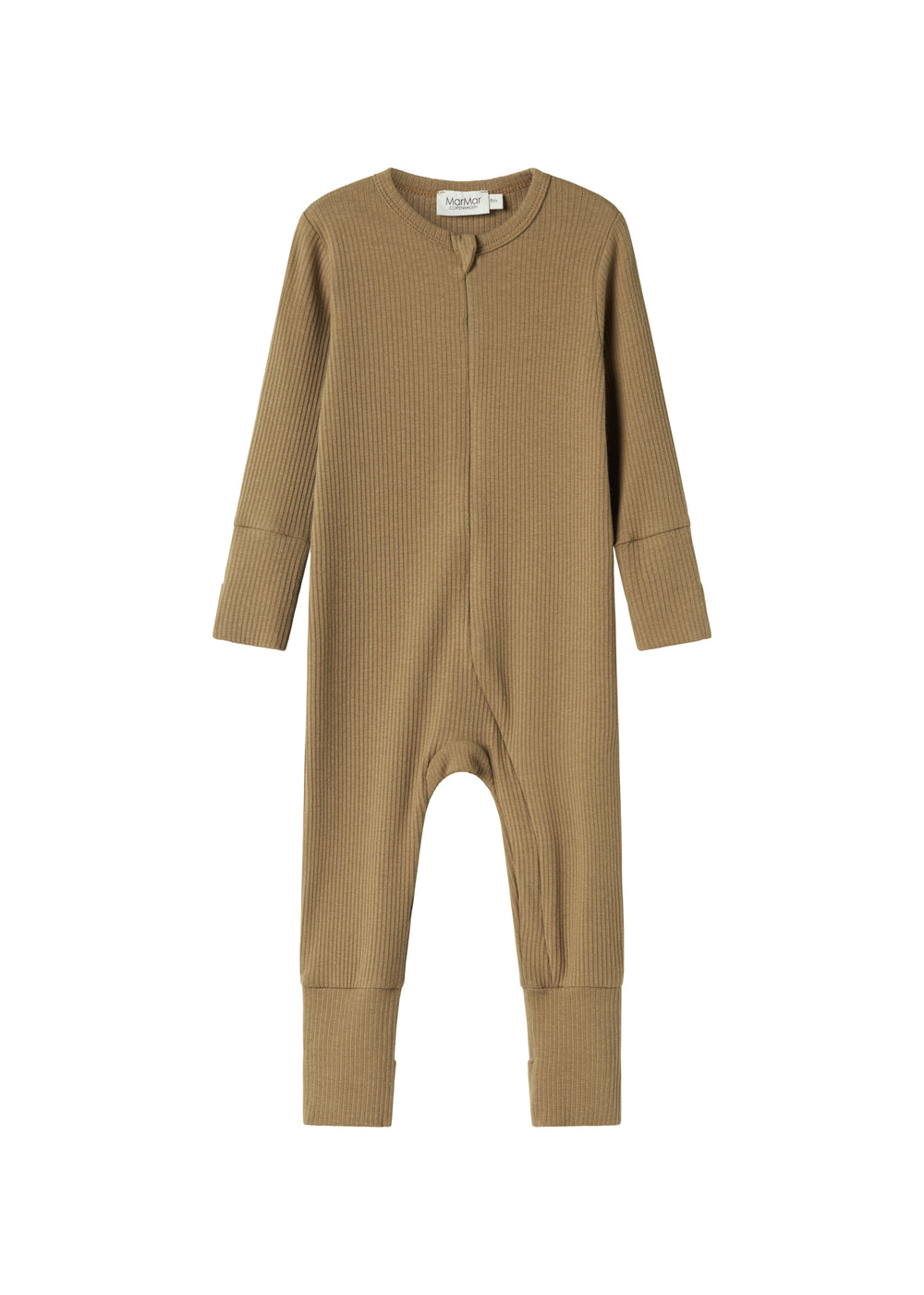 Ribbstrikket brun holdragt til baby i blødt materiale med lange ærmer og lange ben og lynlås