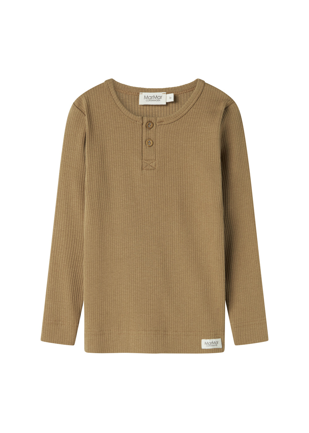 Detaljer af brun ribstrikket langærmet t-shirt med knapper