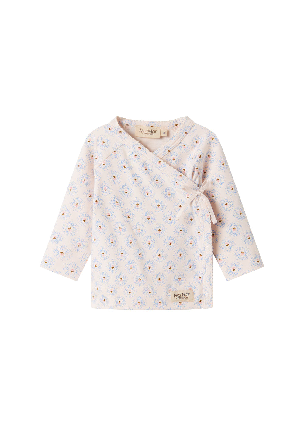 Babybluse med lange ærmer, slå-om foran og små tulipanmønstre i pastelfarver
